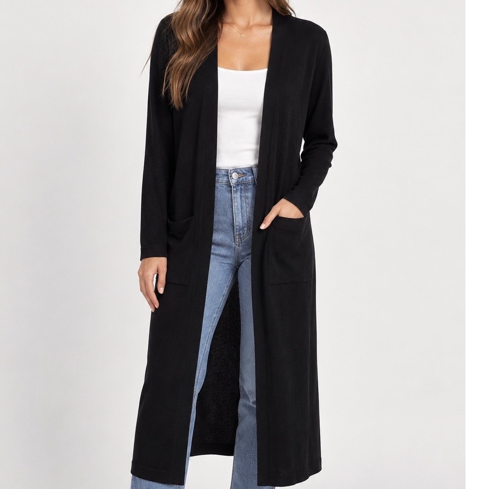 Pure Amici Small Black Silk Cotton Cashmere Long Duster Cardigan Quiet Luxury